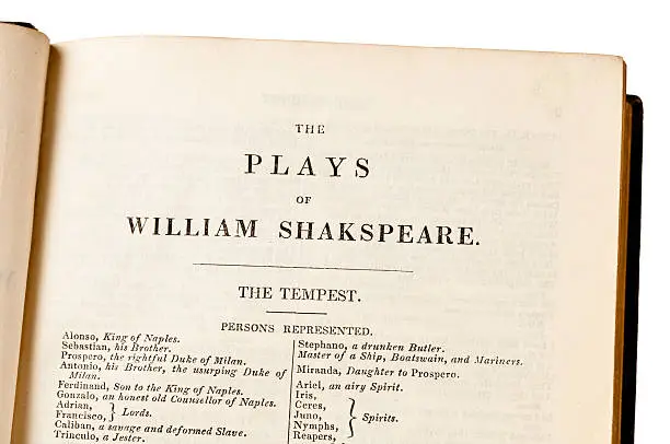 Close-up of the first page of The Tempest, from an antique edition (London 1839) of Shakespeare's Plays. Isolated on white.
