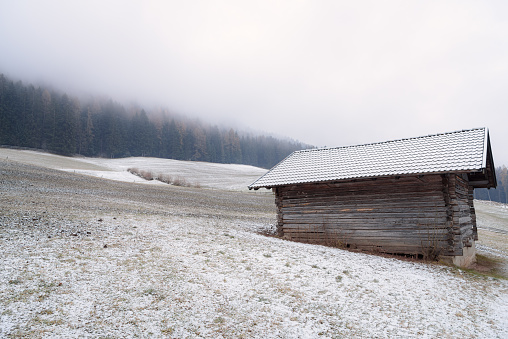 Old wooden hut on a snowy meadow surrounded by dense forest in the mountains on a foggy winter day