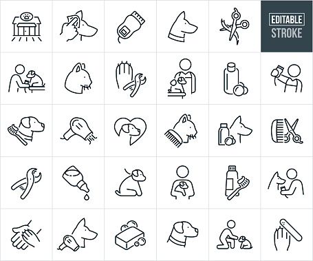 A set of dog and pet grooming icons with editable strokes or outlines using the EPS file. The icons include a dog grooming shop, dog groomer with apron and dog, pet hair clippers, german Shepard dog, scissors cutting hair, dog groomer cleaning the ears of a dog, dog groomer cutting a dogs hair, cat, dog nail clippers, hair dryer, pet cleaning shampoo, hair cutting scissors and comb, calendar date, puppy dog on a leash, customer holding dog in arms, tooth paste and tooth brush, Labrador retriever, dog getting its nails filed and other related icons.