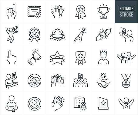 A set of awards of achievement icons that include editable strokes or outlines using the EPS vector file. The icons include a hand holding up a number one finger, certificate achievement award, high five, award with ribbon, trophy, person jumping for joy holding trophy, seal, seal with banner, champagne, person receiving award, business person holding up award, hand holding up trophy, person wearing crown, star achievement award, people with medals around necks, business person giving speech after receiving award, winner with winners medal around neck on winners podium, medal award, hands clapping, business award, plaque award and a person with arms raised with medal around neck.