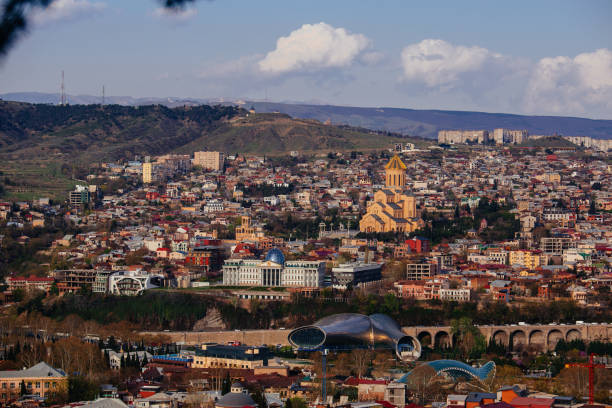 istock Drone aerial view of night Tbilisi downtown 1865713986