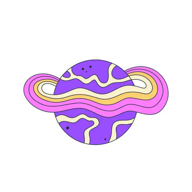 Vector illustration of Isolated fictional abstract colorful planet with wavy rings on white background. Purple and pink colors. Space object in surrealistic cartoon style. Sticker, print on a T-shirt