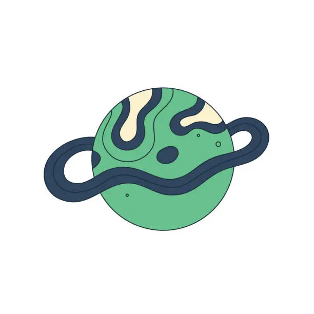 Vector illustration of Isolated fictional abstract colorful planet with wavy ring on white background. Green and black colors. Space object in surrealistic cartoon style. Sticker, print on a T-shirt