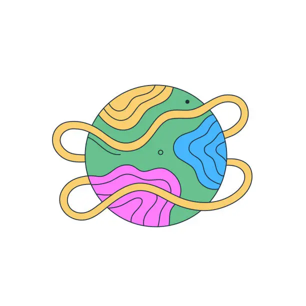 Vector illustration of Isolated fictional abstract colorful planet with wavy rings on white background. Vibrant colors. Space object in surrealistic cartoon style. Sticker, print on a T-shirt