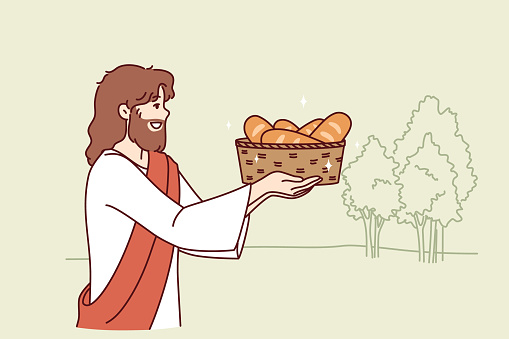 Jesus carries bread in basket, fulfilling biblical prediction from christian religion about second coming. Holy jesus wants to feed people and save starving catholic and orthodox believers