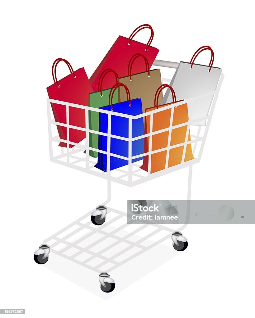 Colorido papel de sacos no carrinho de compras - Ilustração de Bolsa - Objeto manufaturado royalty-free