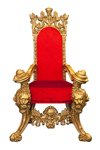 Golden throne with red cushion isolated on white Royal Throne With Gold Carvings And Red Velvet On White throne stock pictures, royalty-free photos & images