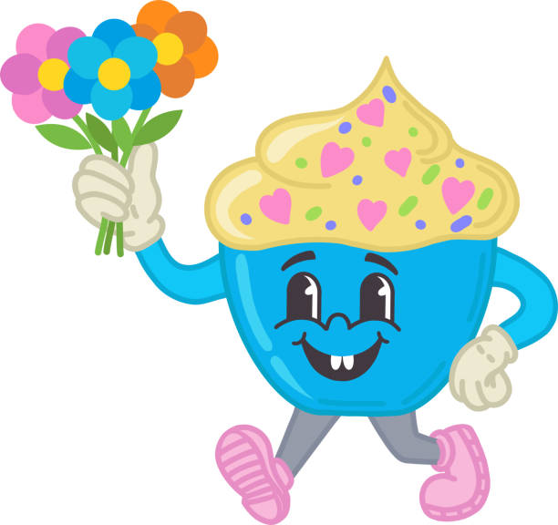 ilustrações de stock, clip art, desenhos animados e ícones de illustration of a dessert with flowers, in retro style of the 30s, 40s, 50s, 60s. the character is a mascot for the cartoon. vector illustration for valentine's day. happy emotions, a smile. - ретро