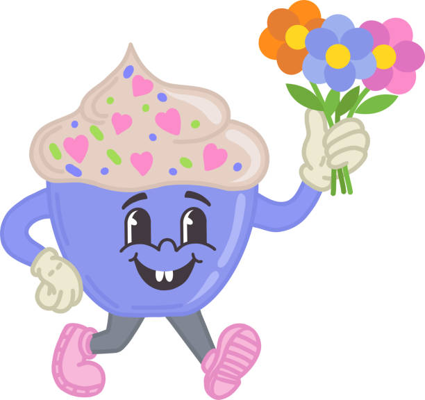Illustration of a dessert with flowers, in retro style of the 30s, 40s, 50s, 60s. The character is a mascot for the cartoon. Vector illustration for Valentine's Day. Happy emotions, a smile. Illustration of a dessert with flowers, in retro style of the 30s, 40s, 50s, 60s. The character is a mascot for the cartoon. Vector illustration for Valentine's Day. Happy emotions, a smile. kissing on the mouth stock illustrations