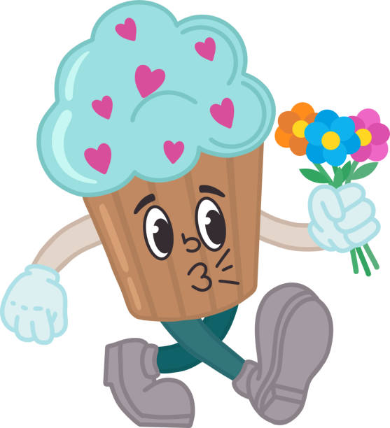Illustration of a cupcake with flowers in retro style of the 30s, 40s, 50s, 60s. The character is the mascot of the cartoon. Vector illustration for Valentine's Day. Happy emotions, a smile. Illustration of a cupcake with flowers in retro style of the 30s, 40s, 50s, 60s. The character is the mascot of the cartoon. Vector illustration for Valentine's Day. Happy emotions, a smile. kissing on the mouth stock illustrations