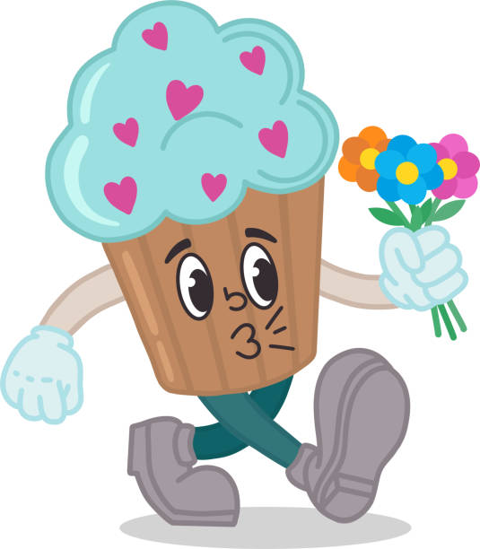 Illustration of a cupcake with flowers in retro style of the 30s, 40s, 50s, 60s. The character is the mascot of the cartoon. Vector illustration for Valentine's Day. Happy emotions, a smile. Illustration of a cupcake with flowers in retro style of the 30s, 40s, 50s, 60s. The character is the mascot of the cartoon. Vector illustration for Valentine's Day. Happy emotions, a smile. kissing on the mouth stock illustrations