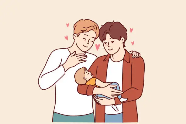 Vector illustration of Gay couple holds child in hands and smiles, rejoicing at presence law giving right to adopt children