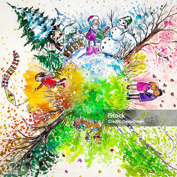 Ilustración de Four Seasons y más Vectores Libres de Derechos de Las cuatro estaciones - Las cuatro estaciones, Niño, Aire libre