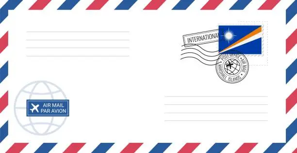 Vector illustration of Blank air mail envelope with Marshall Islands postage stamp. Postcard vector illustration with Marshall Islands national flag isolated on white background.