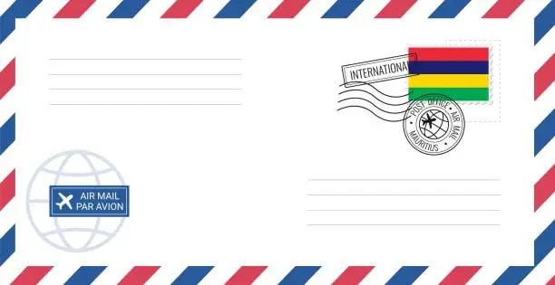 Vector illustration of Blank air mail envelope with Mauritius postage stamp. Postcard vector illustration with Mauritius national flag isolated on white background.