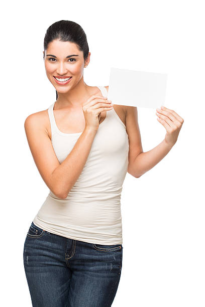 istock Hispanic woman holding blank card 186575930