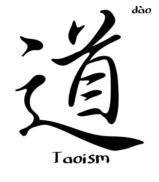 Chinese character depicting Taoism (Dao), with English translation at the bottom and Pinyin at the top right hand corner of the image. Pinyin is the phonetic system for Chinese characters. Vectorised image.