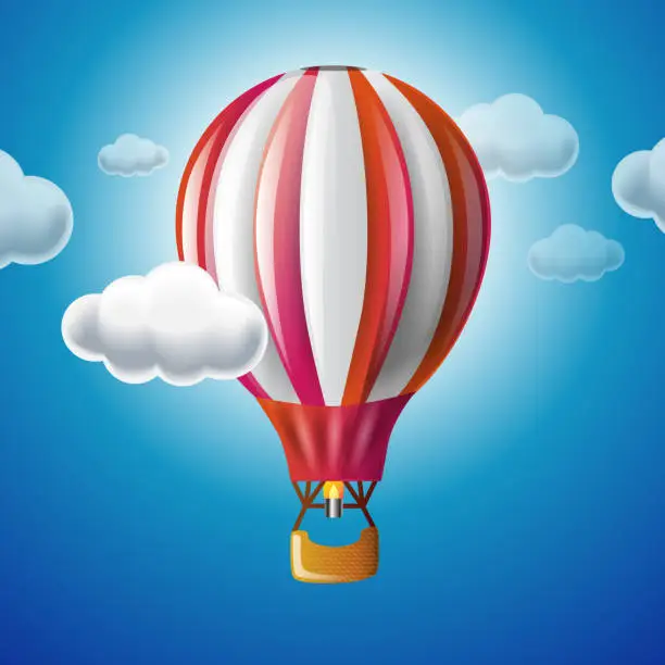 Vector illustration of Illustration of a hot air balloon in the sky among the clouds on a clear day.