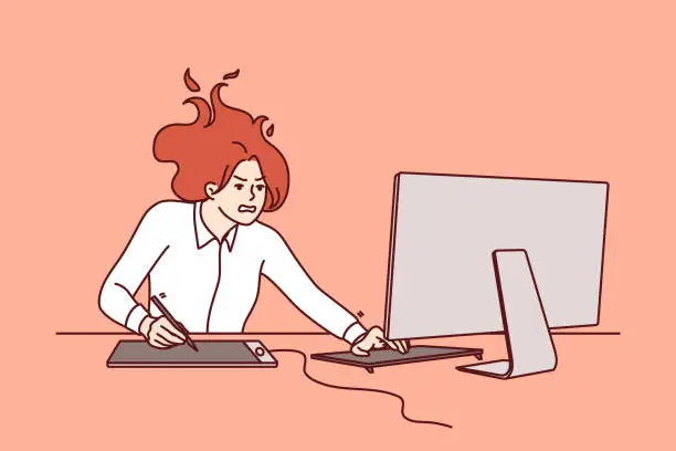 Vector illustration of Nervous woman freelancer sitting at computer, feeling pressure due to tight deadlines