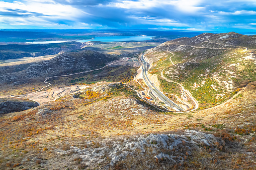 A1 Highway Velebit pass aerial view, scenic Croatia