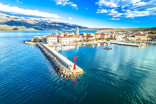 Town of Vinjerac in Velebit bay aerial view, Dalmatia archipelago of Croatia