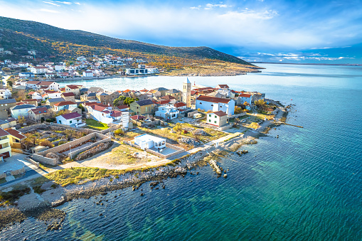 Town of Vinjerac in Velebit bay aerial view, Dalmatia archipelago of Croatia