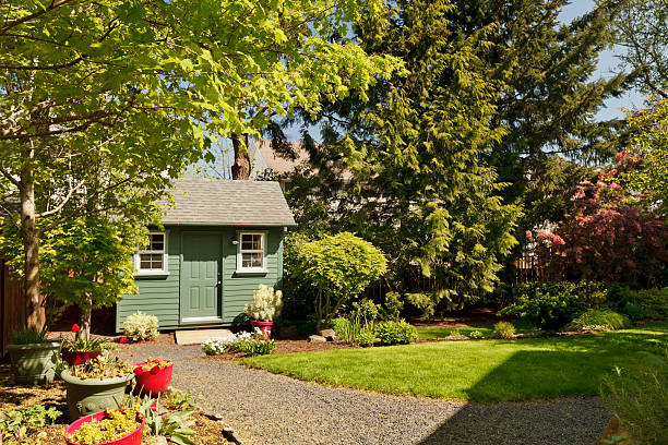 Backyard and Garden Shed Wonderful backyard and garden shed. shed stock pictures, royalty-free photos & images