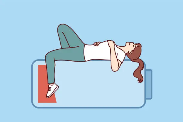 Vector illustration of Woman sleeps on empty battery, trying to restore strength and energy after difficult day at work