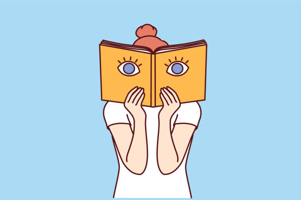 ilustrações de stock, clip art, desenhos animados e ícones de woman covers face with book from bookstore, reading interesting textbook with giant eyes on cover - child prodigy