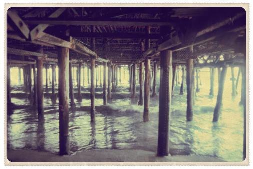 Retro-styled postcard of the view from beneath the pier in Santa Monica, California -- all artwork is my own...For hundreds of similar vintage postcards from around the world, click the banner below.