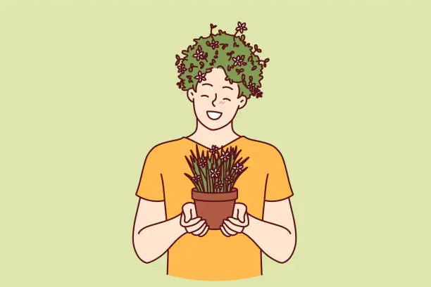 Vector illustration of Man with house plant in hands and hairstyle made of grass smiles, enjoying growing indoor flowers