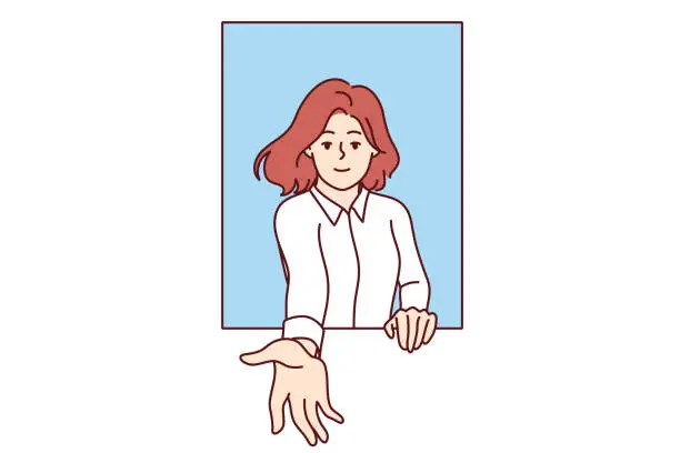 Vector illustration of Woman extends hand and says follow me, looking out of window to provide support or free help