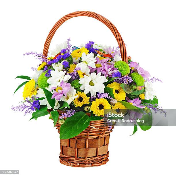 Flower Bouquet In Wicker Basket Isolated On White Background Stock Photo - Download Image Now