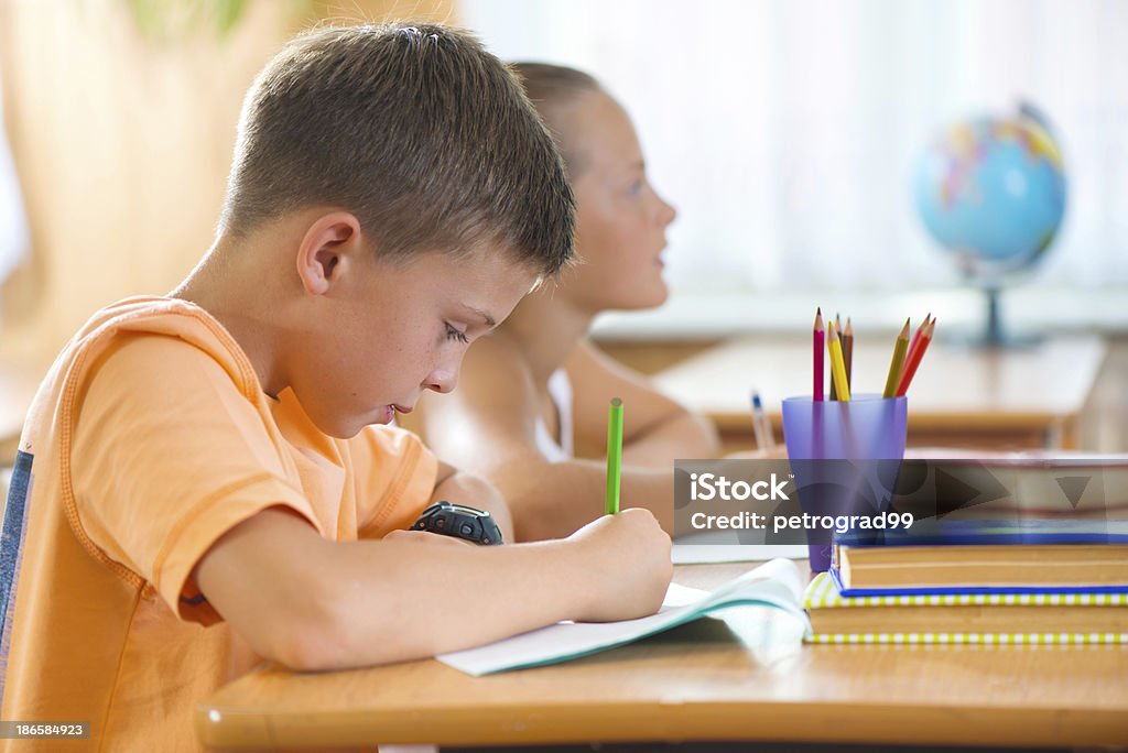 Clever schoolboy studying in classroom Clever schoolboy studying in classroom at school Backgrounds Stock Photo