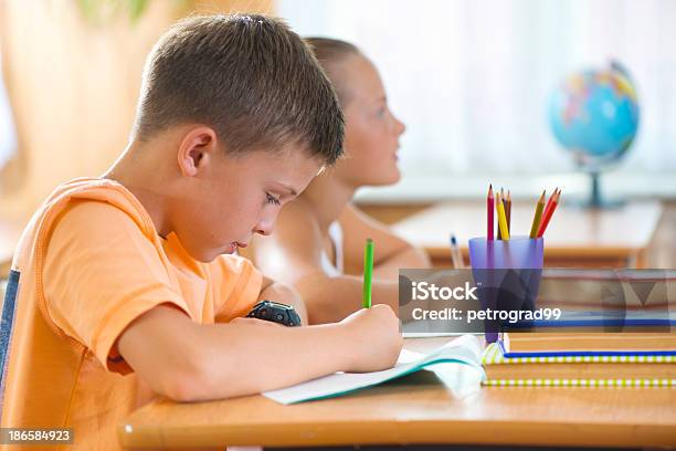 Clever Schoolboy Studying In Classroom Stock Photo - Download Image Now - Backgrounds, Book, Boys