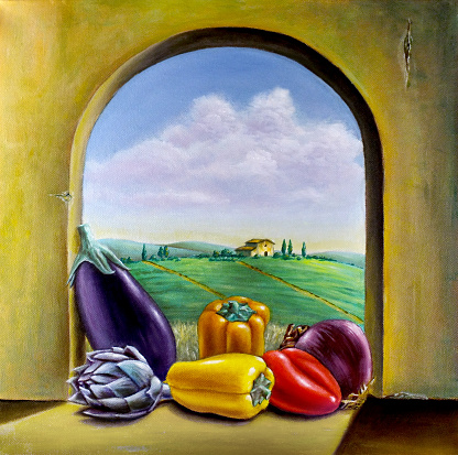 Assorted vegetables on a window overlooking a country landscape. Original oil painting on canvas.