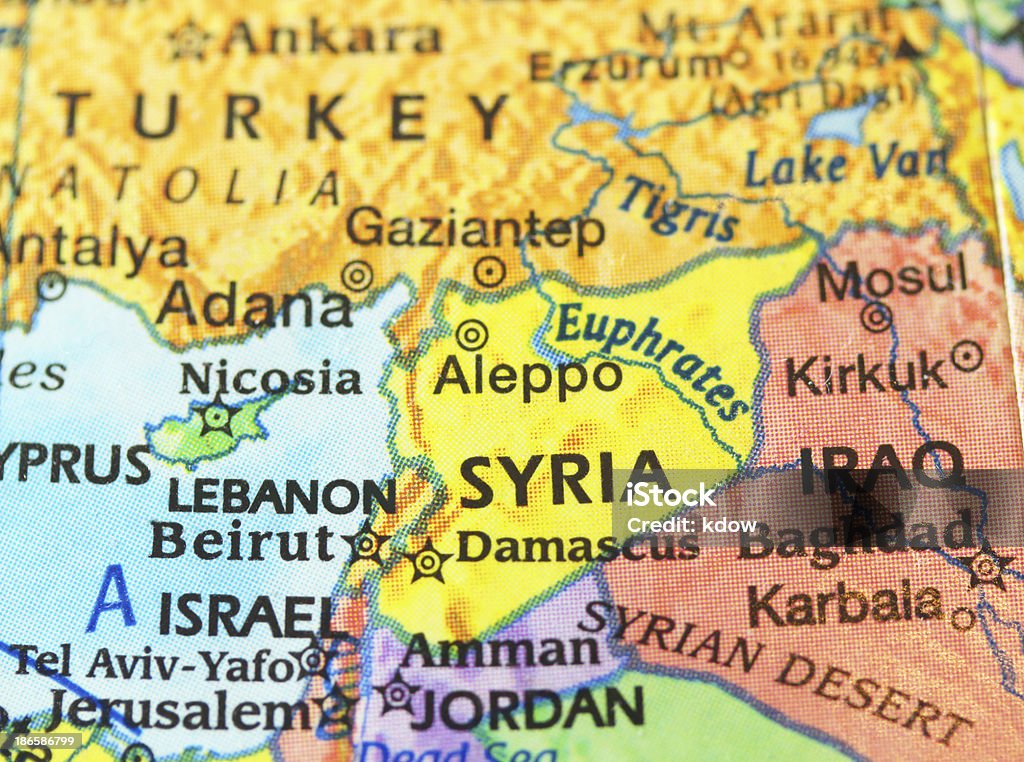 Map of Syria and Neighboring Persian Gulf Nations A colorful map of the Persian Gulf with Syria, the Black Sea, Turkey, Jordan and Israel Lebanon - Country Stock Photo