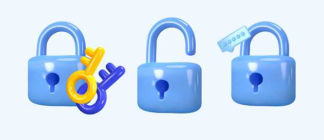 Blue locks in 3D style. Keys for the lock. Concept of strength, reliability and password coding. Vector illustration.