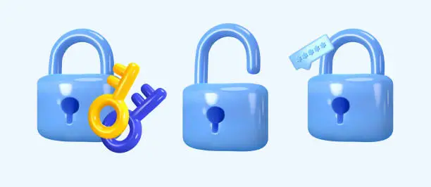 Vector illustration of Blue locks in 3D style. Keys for the lock. Concept of strength, reliability and password coding. Vector illustration.