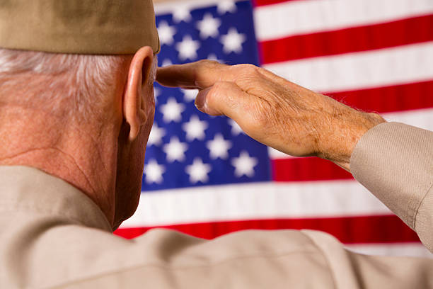 senior veteran salutieren amerikanische flagge - armed forces us veterans day military saluting stock-fotos und bilder