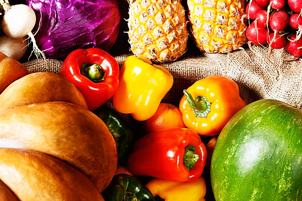 Close-up of shiny, healthy fruit and vegetables at market