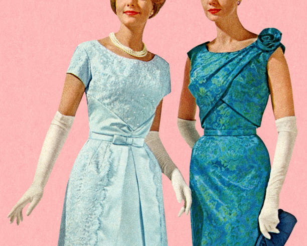 Two Women Wearing Evening Gowns Two Women Wearing Evening Gowns artists model photos stock illustrations