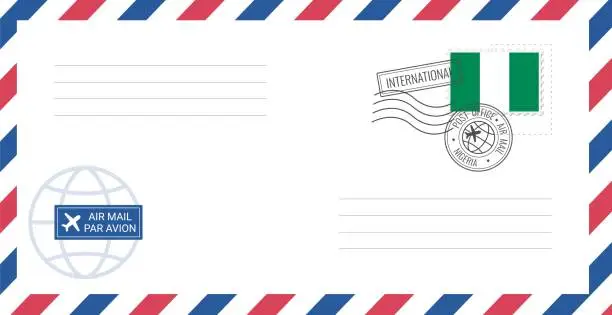 Vector illustration of Blank air mail envelope with Nigeria postage stamp. Postcard vector illustration with Nigerian national flag isolated on white background.