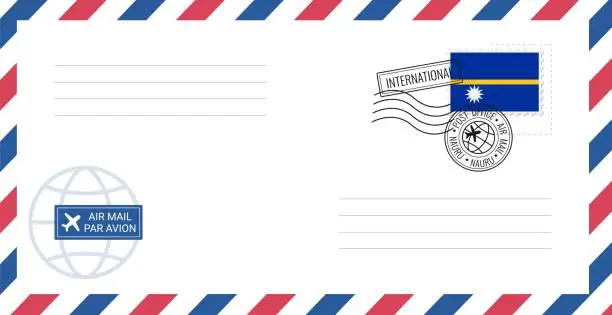 Vector illustration of Blank air mail envelope with Nauru postage stamp. Postcard vector illustration with Nauruan national flag isolated on white background.