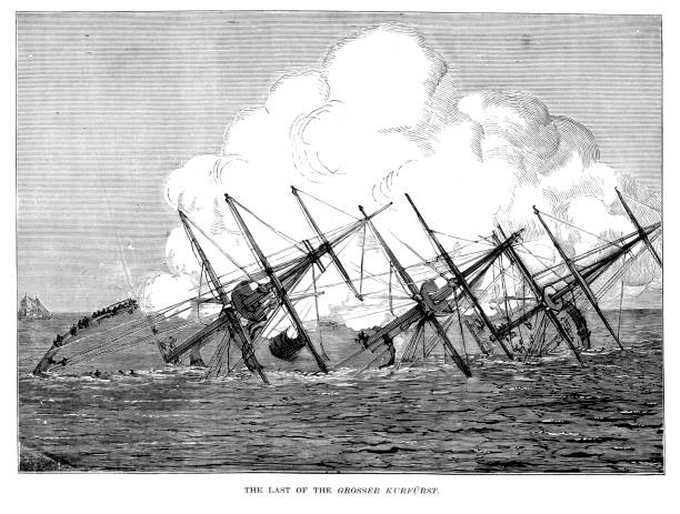 SMS Grosser Kurfurst Vintage engraving showing sinking of the SMS Grosser Kurfurst , 1878. An ironclad turret ship of the German Kaiserliche Marine. The Grosser KurfÃ¼rst was sunk on her maiden voyage in an accidental collision with the ironclad SMS KÃ¶nig Wilhelm. sinking ship pictures pictures stock illustrations