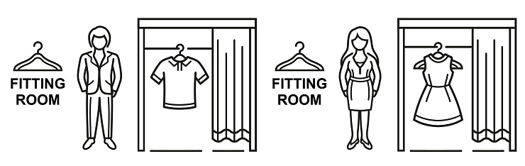 Fitting or changing room, man, woman public dressing cabin in fashion store line icon. Male and female person try clothing in retail shop. Buy t-shirt and dress in boutique. Sale textile wear in shopping mall. Wardrobe clothes hanger. Cloakroom client. Outline vector