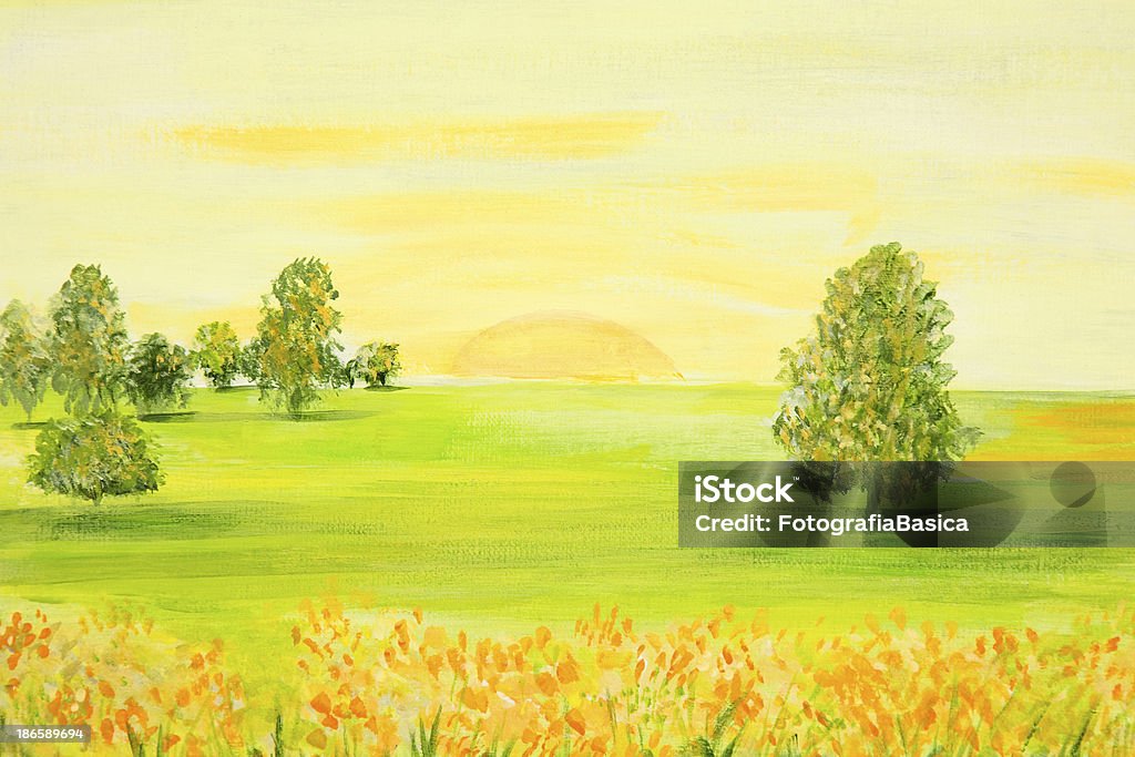 Sunrise Acrylic painting of sunrise over green field with trees and flowers 19th Century Style stock illustration