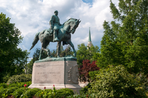 Statue of Robert E. Lee, Confederate Civil War General, at Lee Park in Charlottesville, Virginia. The statue was conceived by Henry M. Shrady, completed by Leo Lentelli, and presented to the city by Paul Goodloe McIntire in 1924.