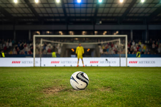 Soccer ball on field grass in front of goalkeeper and sports net, selective focus
