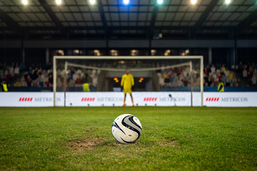 Soccer ball on field grass in front of goalkeeper and sports net, selective focus